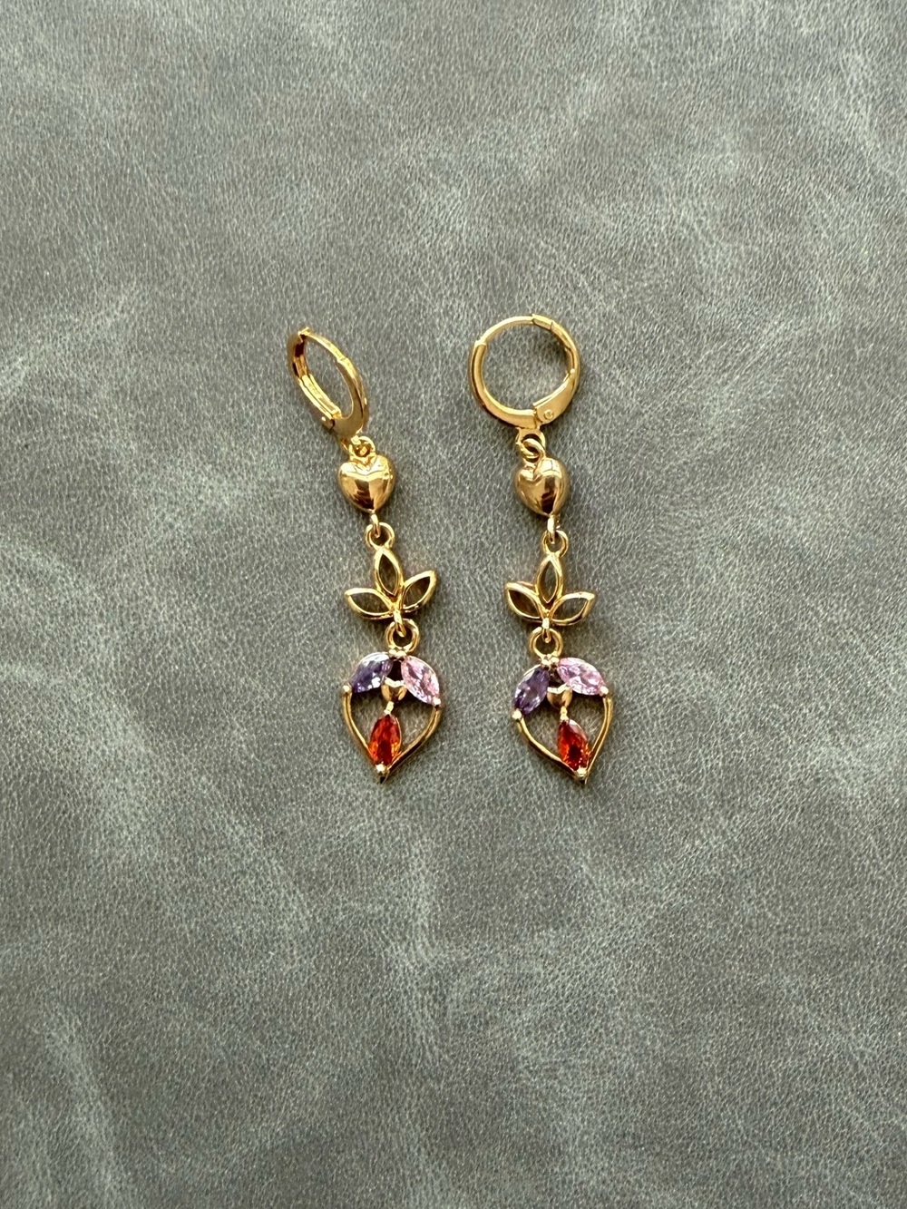 Gold-Tone Floral heart Drop Earrings with Pink, Purple & Red Gems